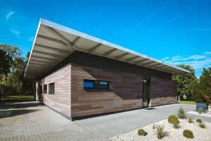 Aufnahme eines Containergebäudes in der Holzsystem-Bauweise von außen