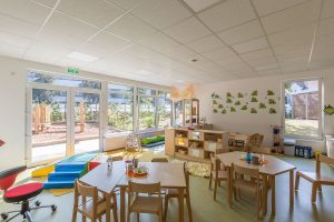 Aufnahme von einer der Räumlichkeiten einer Kindertagesstätte, gebaut im Stil des Holzsystembaus von innen