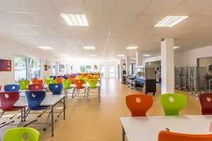 Mensa einer Schule, die im Stil des Modulbaus gebaut wurde von innen