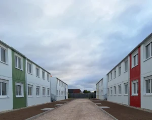 Außenansicht einer Flüchtlingsunterkunft bestehend aus mehreren weißen Modulen mit farbigen Akzenten, im Vordergrund Wiesen und Zäune